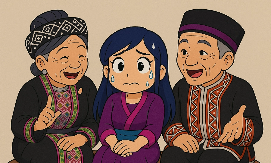 A girl sits between her grandparents who are having a conversation while she sweats because she doesn't understand.