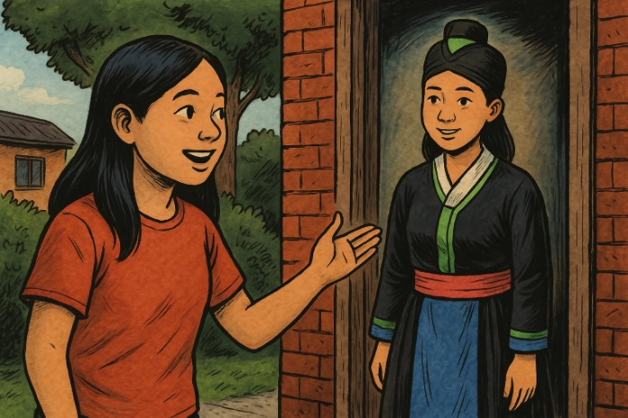 A smiling girl in a red shirt gestures toward another girl standing in a doorway wearing traditional clothing.