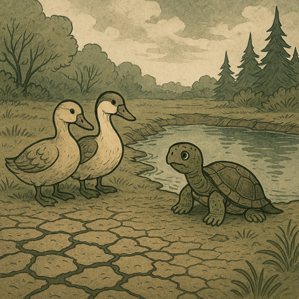 Two ducks stand on a cracked riverbank facing a small turtle near the water, with trees and a calm river in the background.