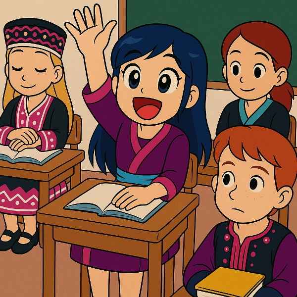 Cartoon children seated at desks in a classroom, with a blue-haired girl raising her hand and smiling while other students sit nearby.