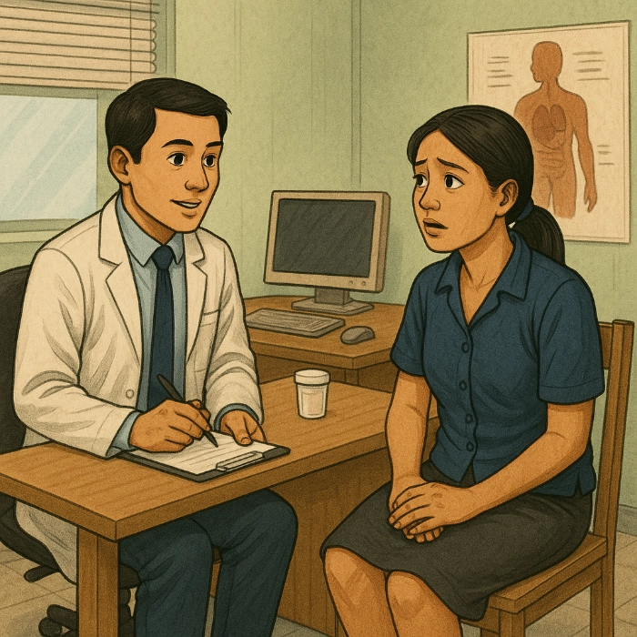 A doctor in a white coat talks with a concerned woman seated across from him in a clinic office, with a computer and anatomy poster in the background.
