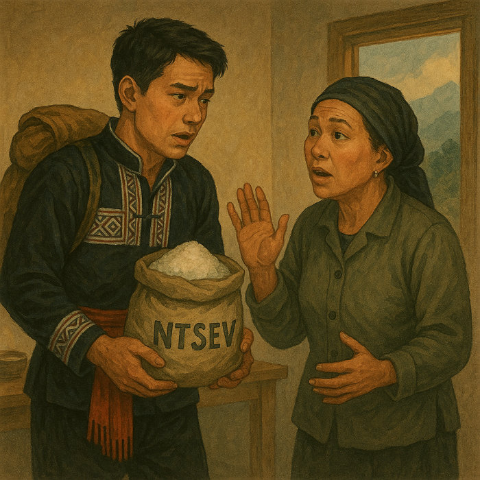 A man holds a sack of rice while speaking with an older woman who gestures with her hand inside a modest room.