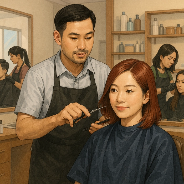 A hairstylist cuts a woman’s hair in a salon while other clients and stylists are visible in the background.