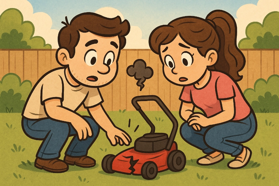 A boy and girl crouch over a smoking red lawn mower with a cracked body in a backyard.