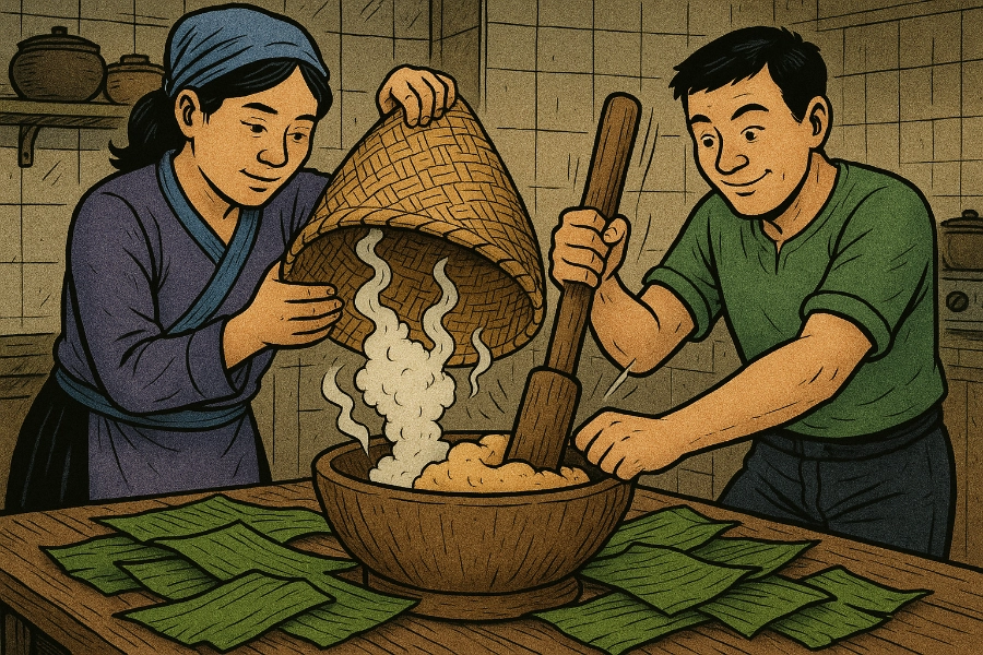 Two people in a kitchen prepare food in a wooden bowl, with one lifting a woven basket lid as steam rises and the other stirring with a long pestle.