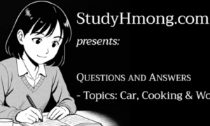 Black and white graphic of a young woman writing at a desk beside text reading StudyHmong.com presents Questions and Answers with topics car, cooking, and work.