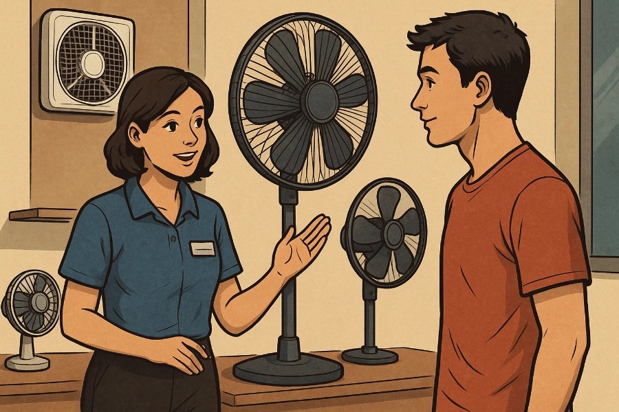 Store associate in a blue shirt gestures toward a large standing fan while speaking with a man in a red shirt, with several fans displayed on shelves and tables behind them.