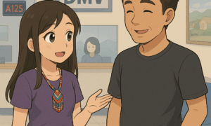 Two smiling young adults stand talking in a DMV office, with service windows and a DMV sign in the background.