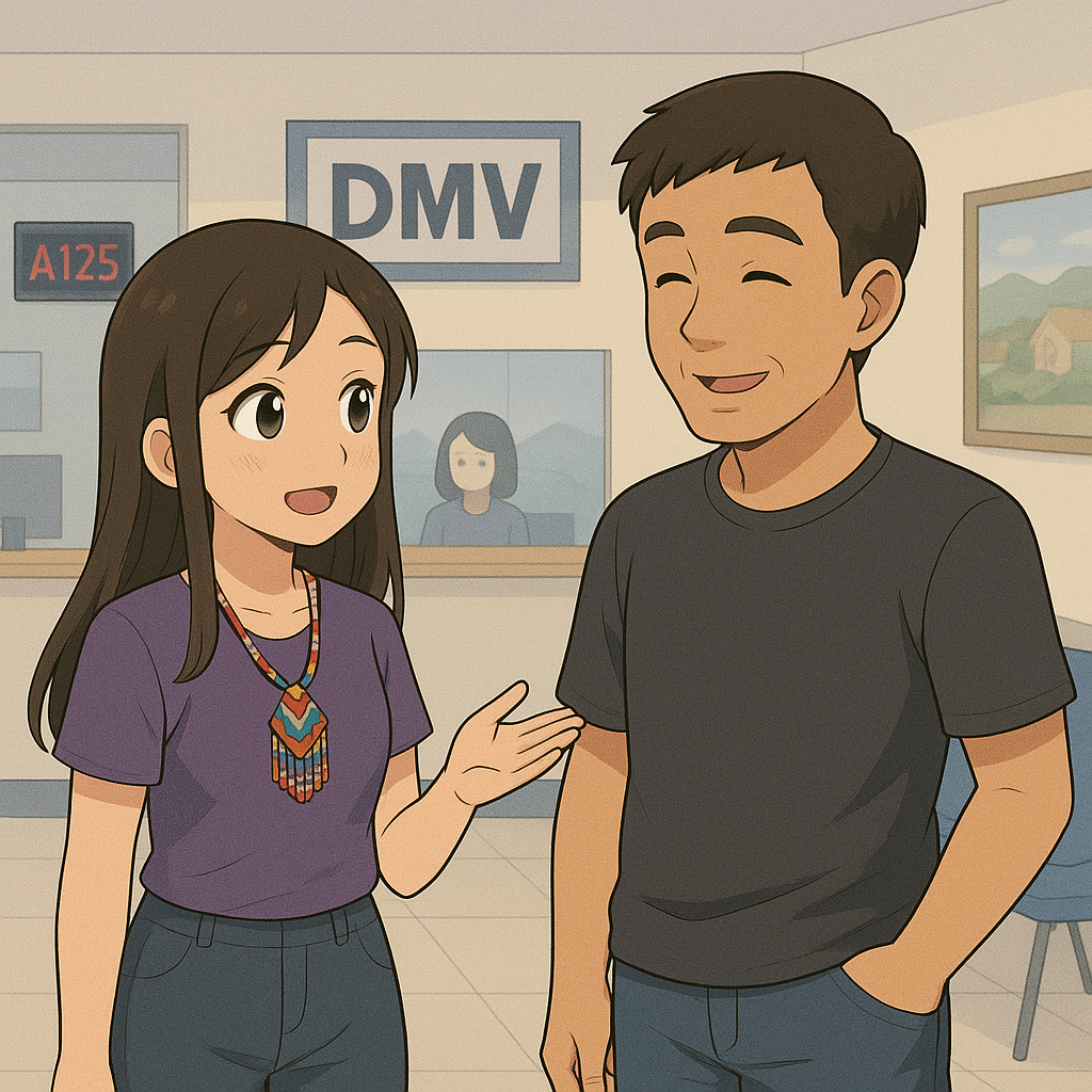 Two smiling young adults stand talking in a DMV office, with service windows and a DMV sign in the background.