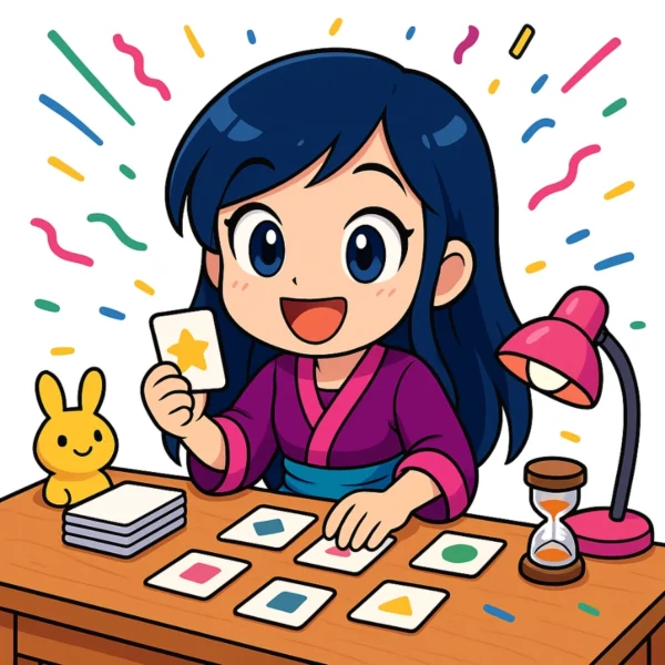 Smiling cartoon girl with blue hair holding a star card at a table with game cards, a bunny figure, a lamp, and an hourglass, surrounded by confetti.