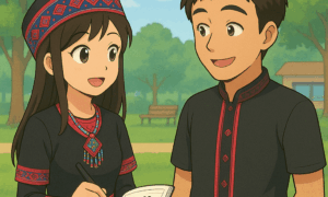 A young woman in traditional dress writes in a notebook while talking with a young man in a park.