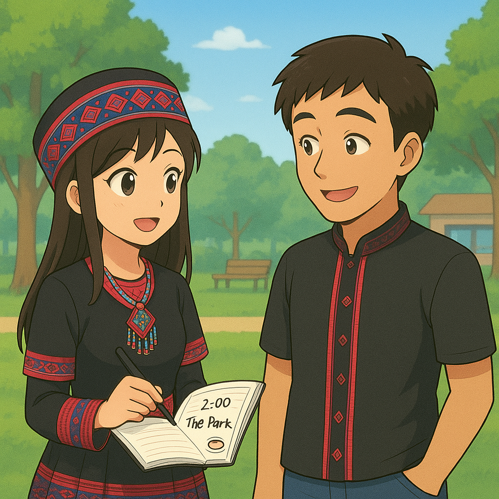 A young woman in traditional dress writes in a notebook while talking with a young man in a park.