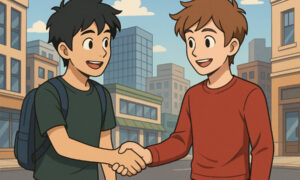 Two smiling boys with backpacks shake hands on a city street with buildings in the background.