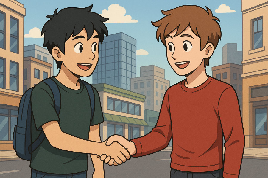 Two smiling boys with backpacks shake hands on a city street with buildings in the background.