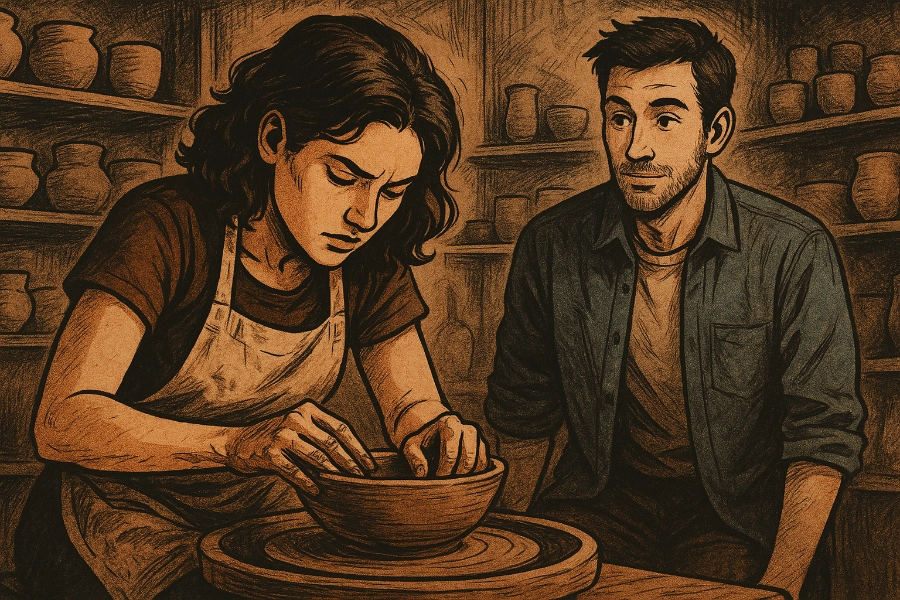 Two people work in a pottery studio, with one shaping a clay bowl on a wheel while the other watches nearby, surrounded by shelves of ceramic vessels.