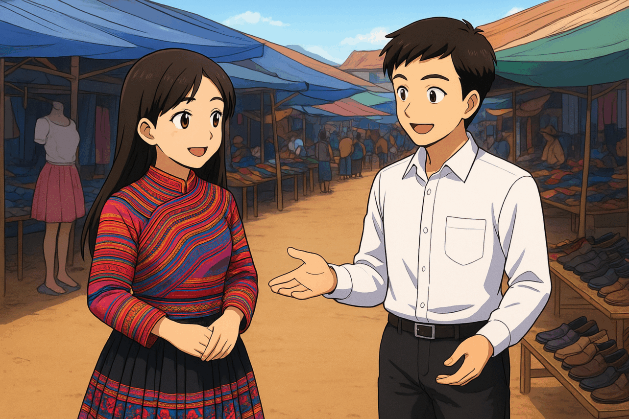 A smiling young woman in a colorful traditional dress talks with a young man in a white shirt at a busy outdoor market with covered stalls and shoes displayed on tables.