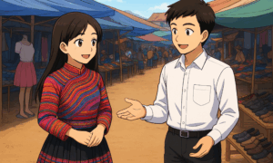 A smiling young woman in a colorful traditional dress talks with a young man in a white shirt at a busy outdoor market with covered stalls and shoes displayed on tables.