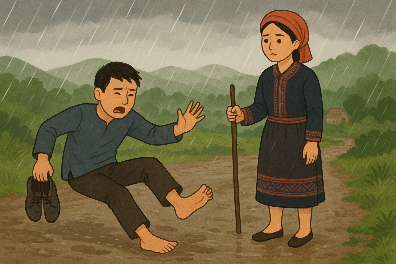 A barefoot man slips and falls on a muddy path in heavy rain while a woman in traditional clothing stands nearby holding a walking stick.