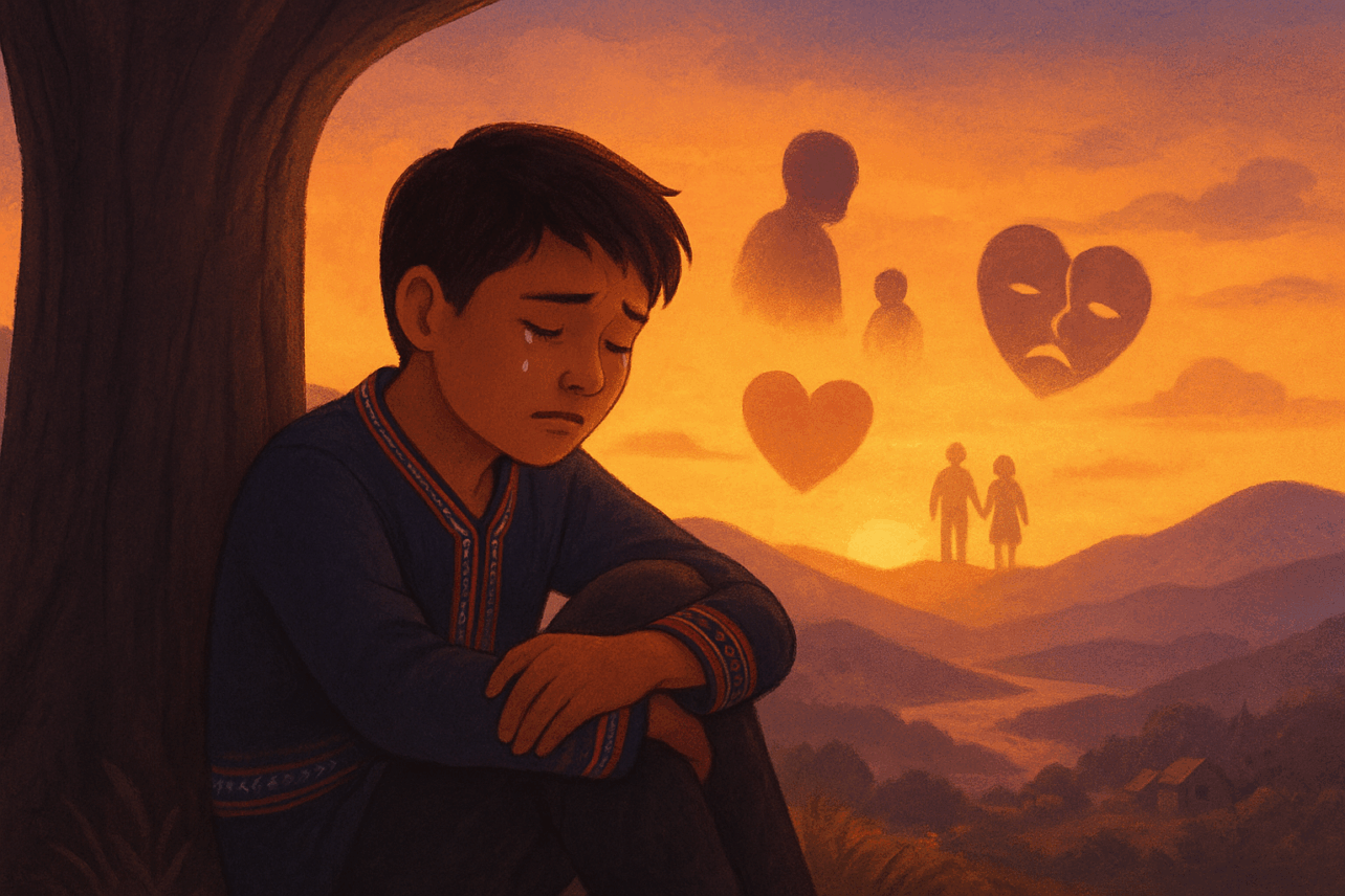 A sad boy sits with his knees drawn up inside a dark cave opening, with a tear on his cheek and a glowing sunset landscape beyond. In the distance, symbolic figures, a heart, and a broken mask float over rolling hills.