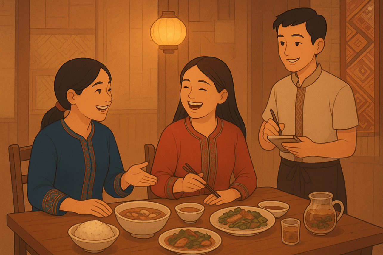 Three people sit around a dining table with bowls and plates of food while a man stands nearby taking an order in a warmly lit room.