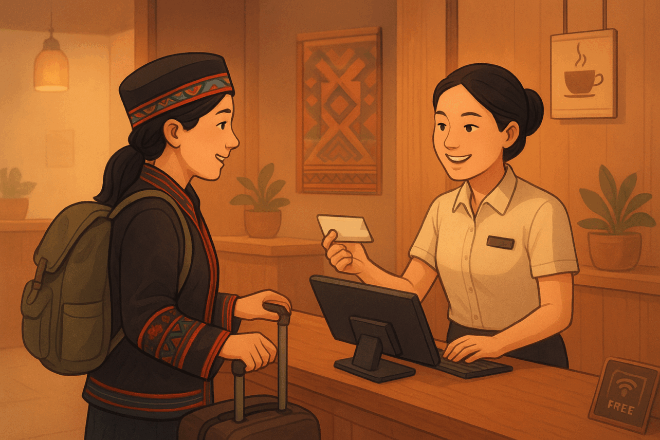 Receptionist handing a key card to a traveler with a suitcase at a warmly lit hotel front desk.