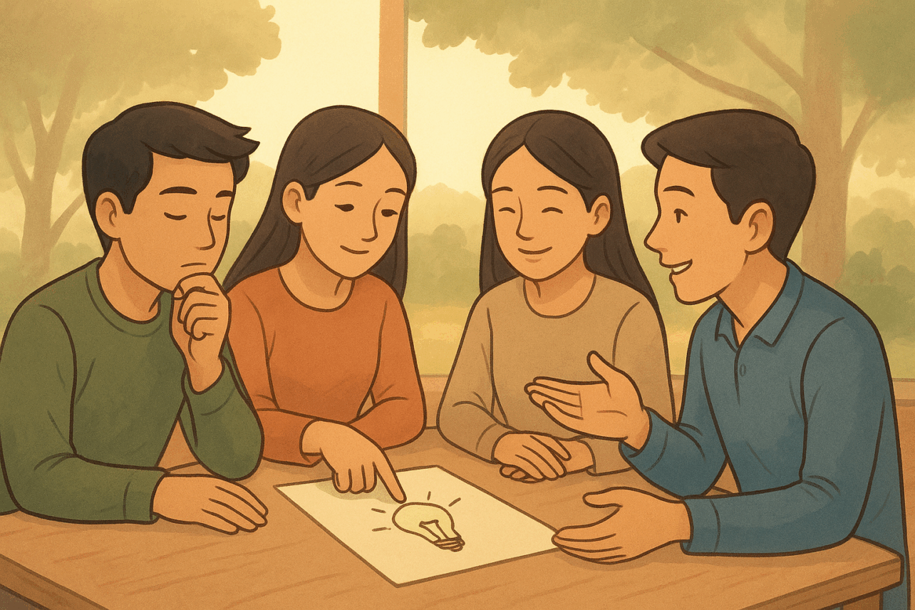 Four people sit at a table in a warm outdoor setting, discussing a paper with a lightbulb sketch while one person points to the idea and another gestures while speaking.