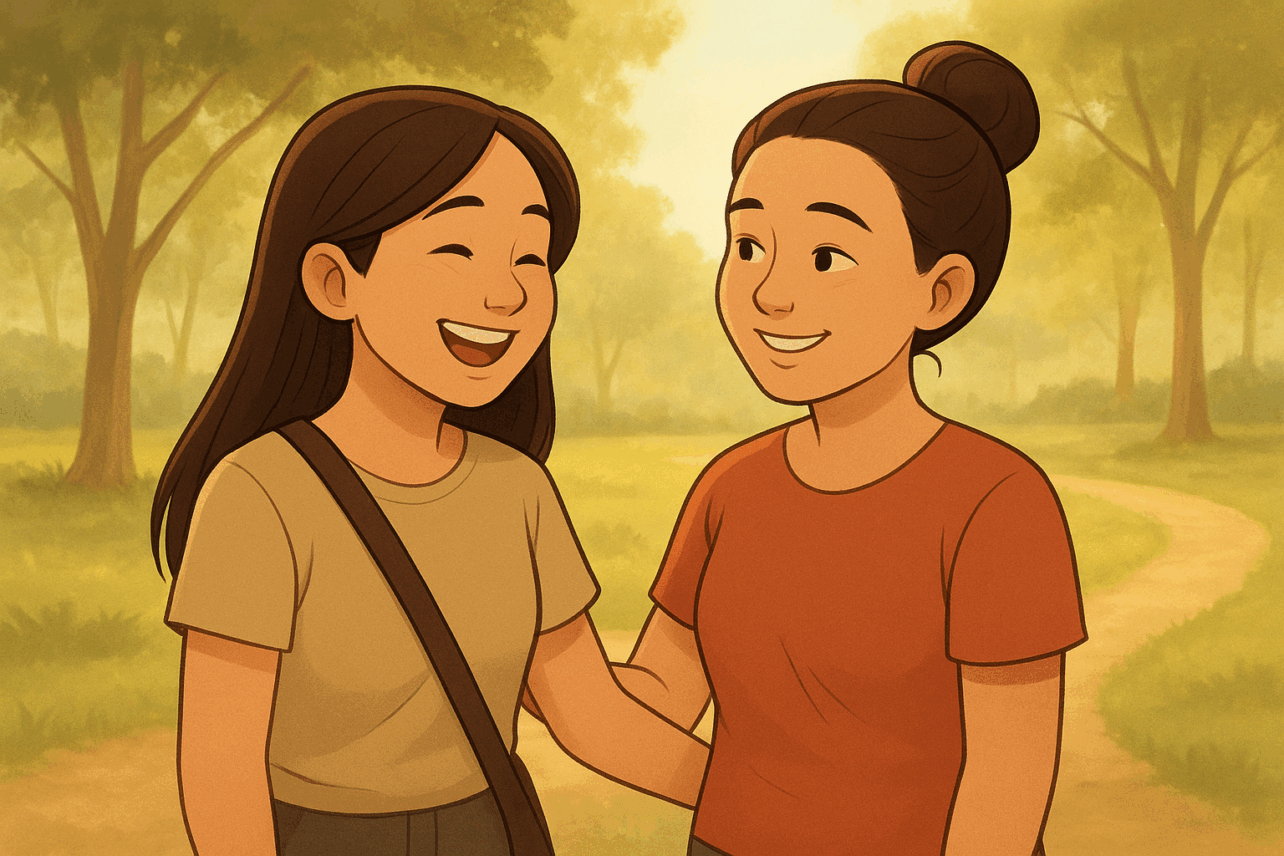 Two smiling women stand together on a wooded trail, one with a shoulder bag and the other with her hair in a bun, surrounded by warm sunlight and trees.