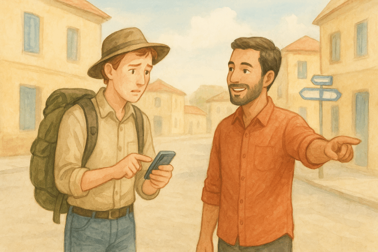 Two men stand on a quiet street between buildings, one holding a smartphone with a worried expression while the other points and smiles as if giving directions.