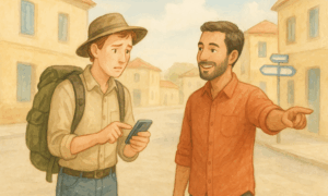 Two men stand on a quiet street between buildings, one holding a smartphone with a worried expression while the other points and smiles as if giving directions.