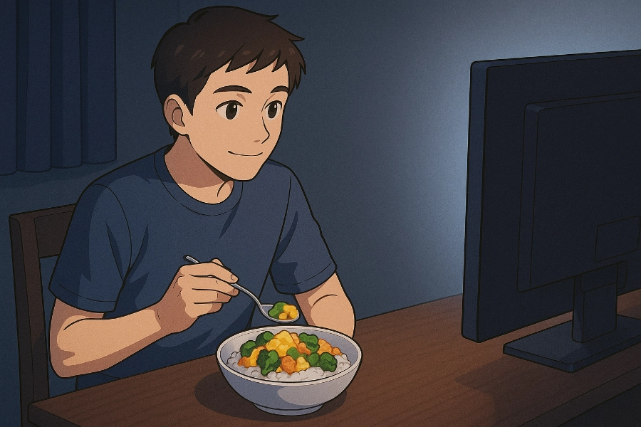 Young man seated at a desk eating a bowl of rice and vegetables while looking at a computer monitor.