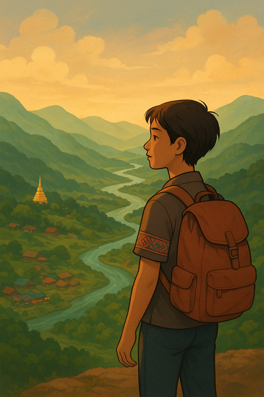 A boy with a backpack stands on a cliff overlooking a winding river valley, green mountains, and a golden sunset sky.