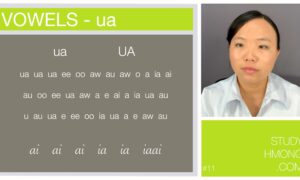 Educational chart titled vowels ua with multiple examples of the vowel combination on a gray background, alongside a portrait of a woman demonstrating pronunciation.