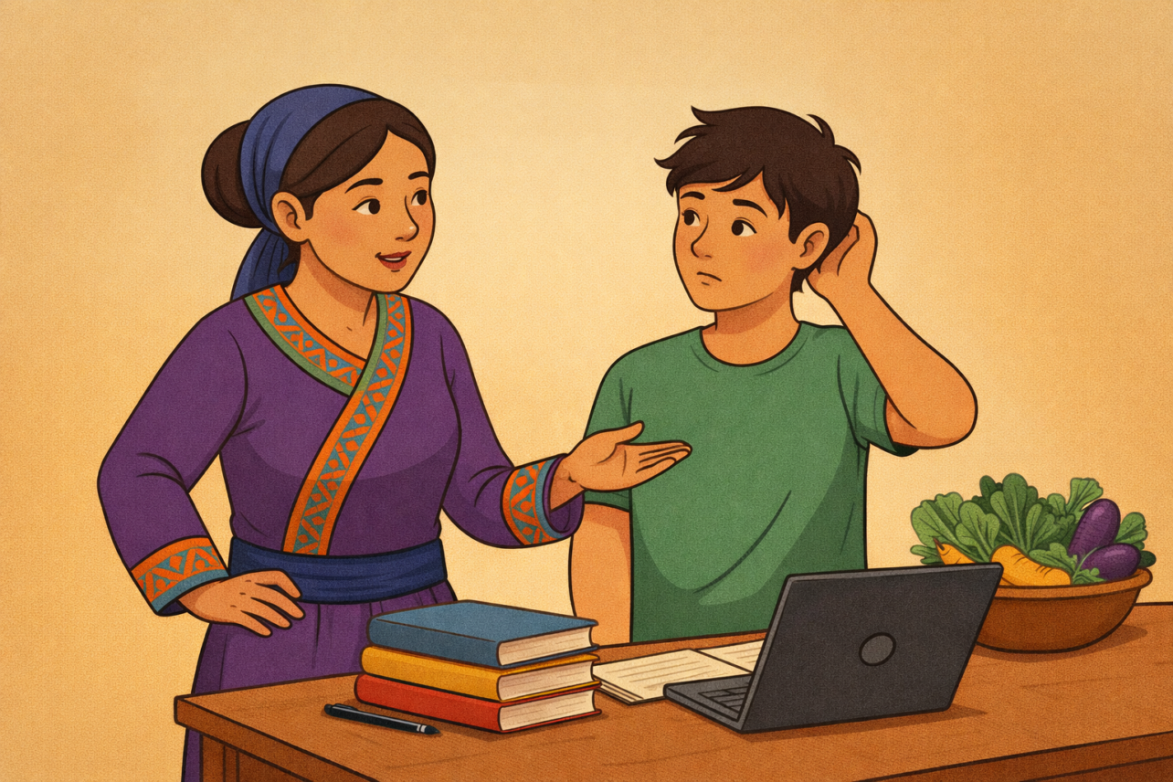 Woman in a purple dress gestures while talking to a boy in a green shirt beside a laptop, books, and a bowl of vegetables on a table.