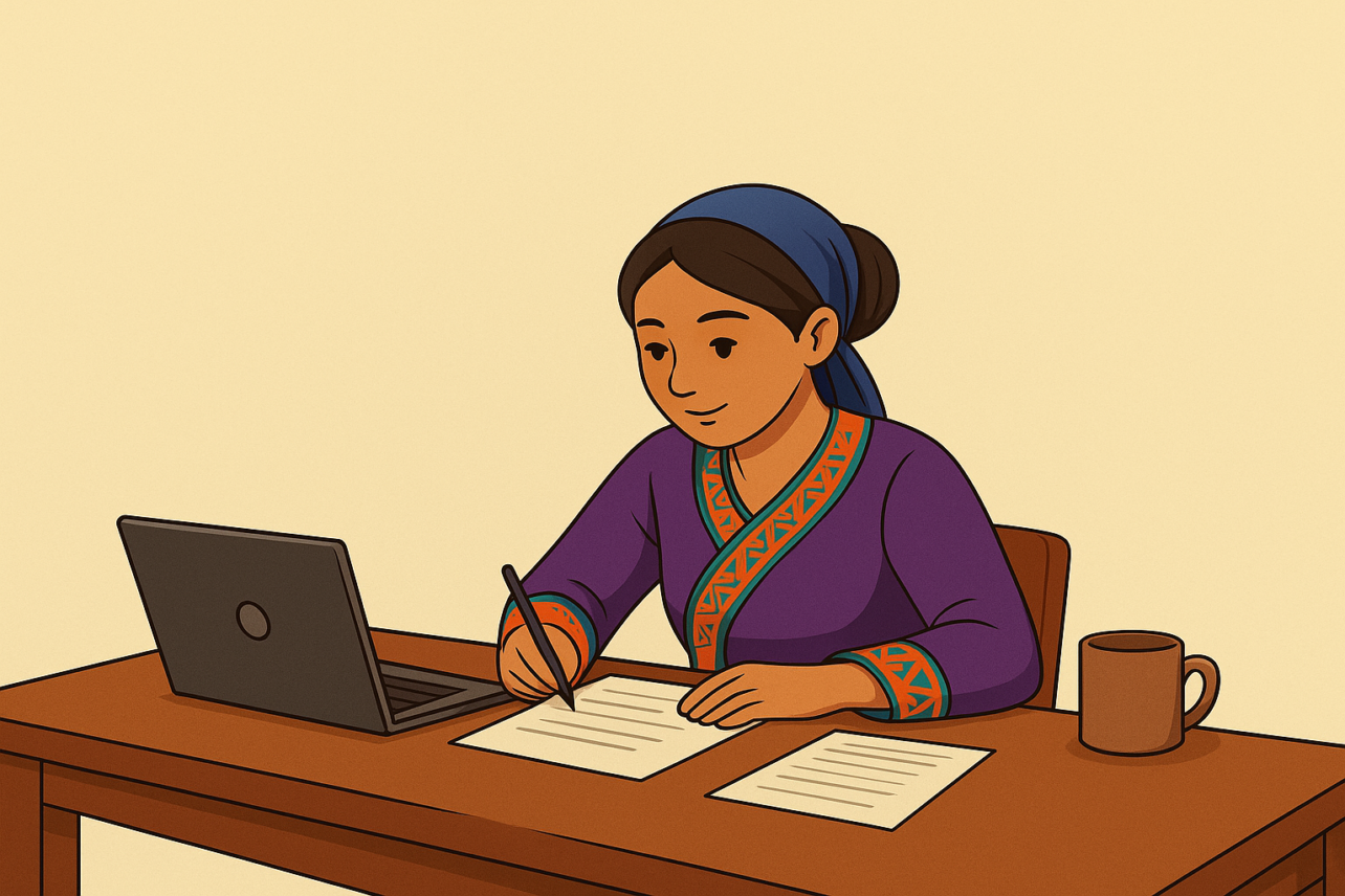 A woman in a purple blouse sits at a desk writing on paper beside an open laptop and a mug.