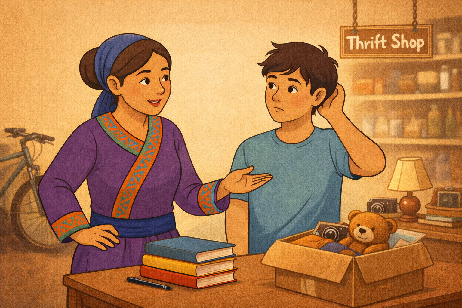 A woman in a purple dress speaks with a young man beside a table of books and a box of thrifted items, including a teddy bear and cameras, inside a thrift shop.