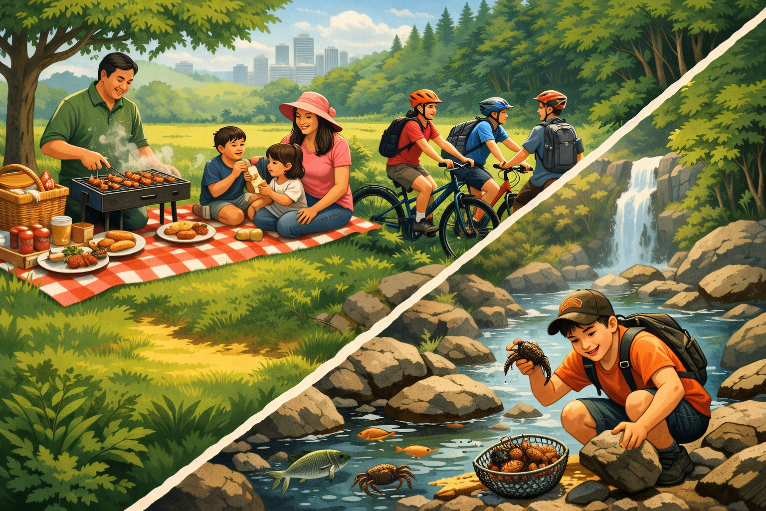 A split illustration showing a family picnic with grilling, children biking in a park, and a boy fishing by a rocky stream with a waterfall.