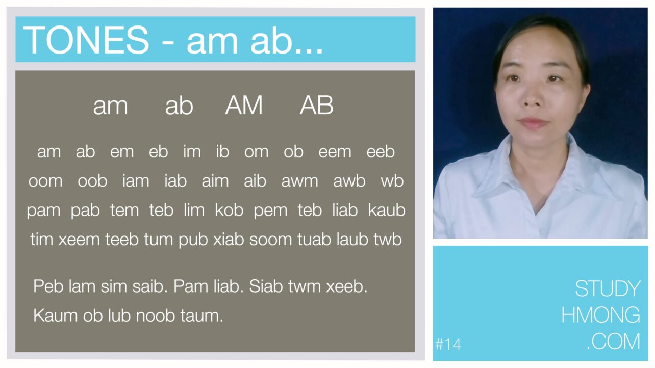 Educational slide about Hmong tones and syllables, with a teacher portrait on the right and text examples on the left.