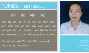 Educational slide about Hmong tones and syllables, with a teacher portrait on the right and text examples on the left.