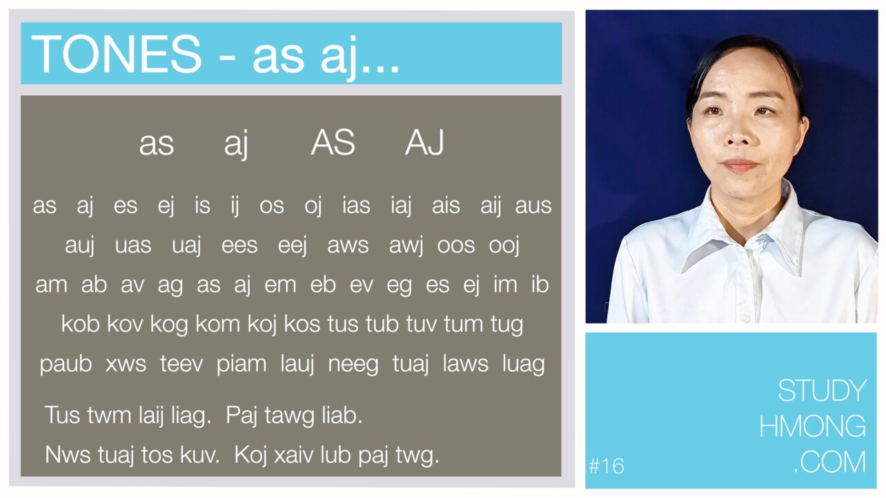 Educational chart showing Hmong tone combinations and example words, with a portrait of a woman on the right and StudyHmong.com branding.