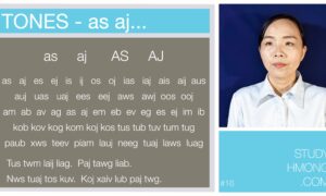 Educational chart showing Hmong tone combinations and example words, with a portrait of a woman on the right and StudyHmong.com branding.