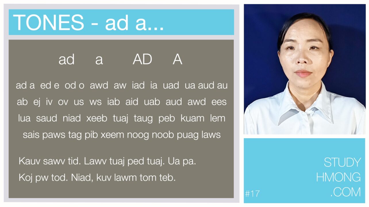 Educational chart about Hmong tones with tone categories and example words, alongside a portrait of a woman on the right.