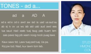Educational chart about Hmong tones with tone categories and example words, alongside a portrait of a woman on the right.