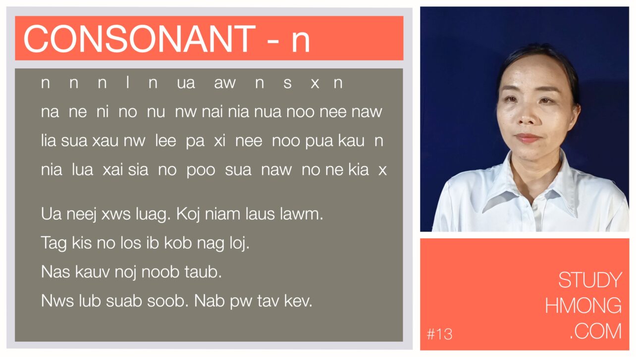 Educational poster about the Hmong consonant n with sample syllables and example sentences, alongside a portrait of a woman on a dark blue background.