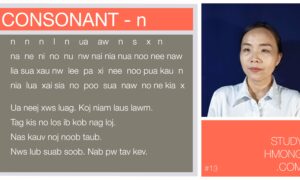 Educational poster about the Hmong consonant n with sample syllables and example sentences, alongside a portrait of a woman on a dark blue background.
