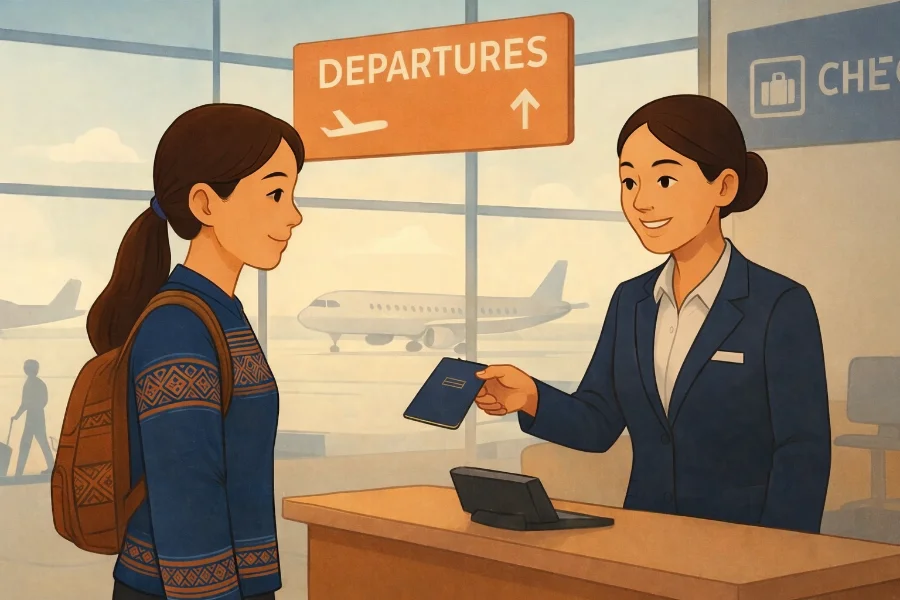 A traveler with a backpack speaks to an airline agent at an airport check-in counter while holding out a passport, with departures signs and an airplane visible in the background.