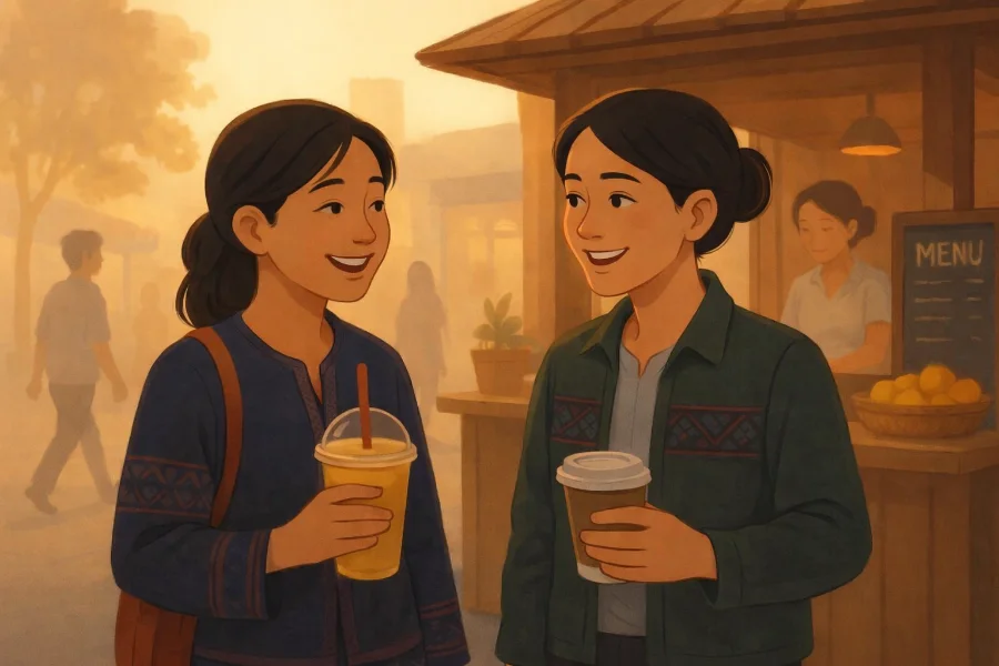 Two smiling women stand together outdoors at a market stall, each holding a takeaway drink in warm golden light.