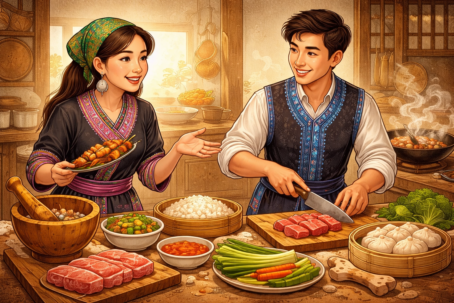 A smiling woman and man in traditional clothing prepare food together in a rustic kitchen, surrounded by bowls of rice, vegetables, meat, and steaming dishes.