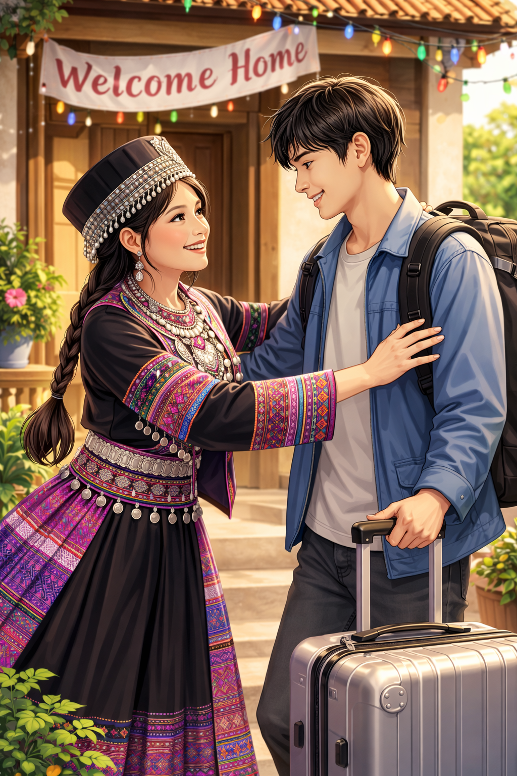 A smiling woman in traditional dress greets a young man with a backpack and suitcase at a decorated home entrance with a Welcome Home banner and string lights.