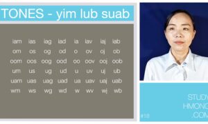 A Hmong language tone chart with syllable combinations on the left and a portrait of a woman in a white shirt on the right, with a blue panel that reads StudyHmong.com.