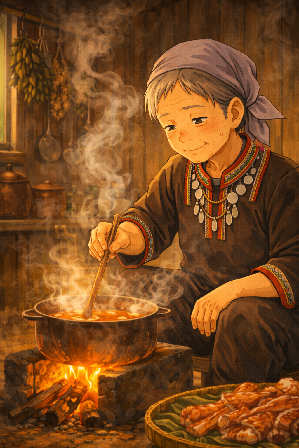 A woman in traditional clothing stirs a steaming pot over an open fire inside a rustic wooden room, with a basket of food beside her.